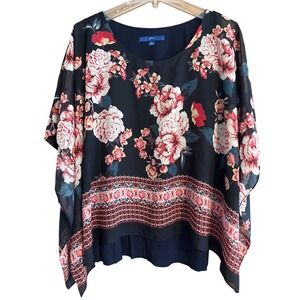 APT. 9 Women's Black Floral Sheer Overlay Poncho Top L